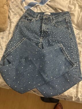 Zara Blue Straight-Leg Jeans with White Stud Embellishments